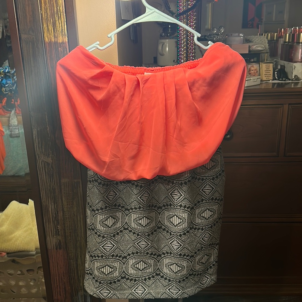 Coral, black and white dress